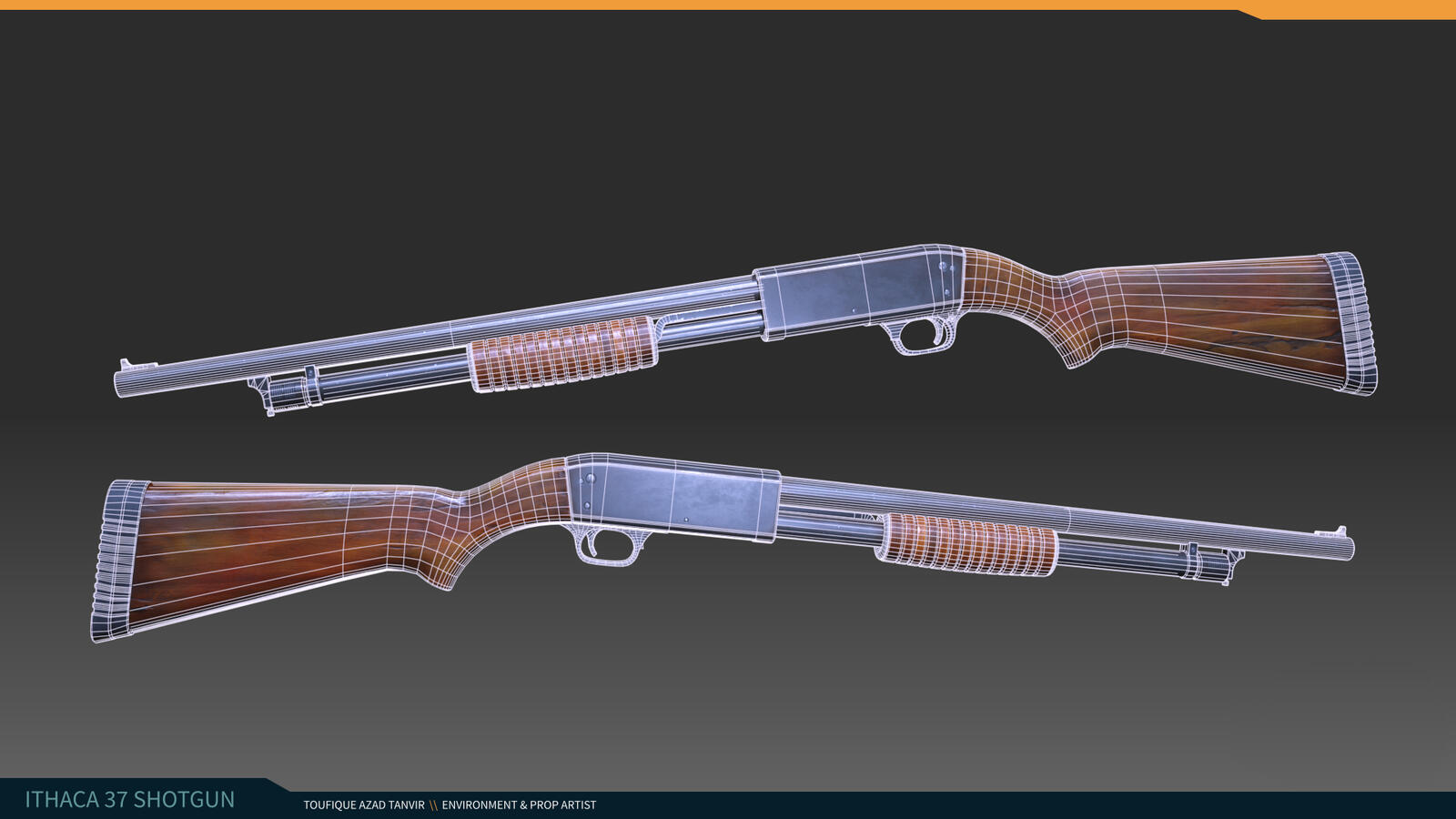 displaying the wireframe of 3d shotgun model over the rendered image.